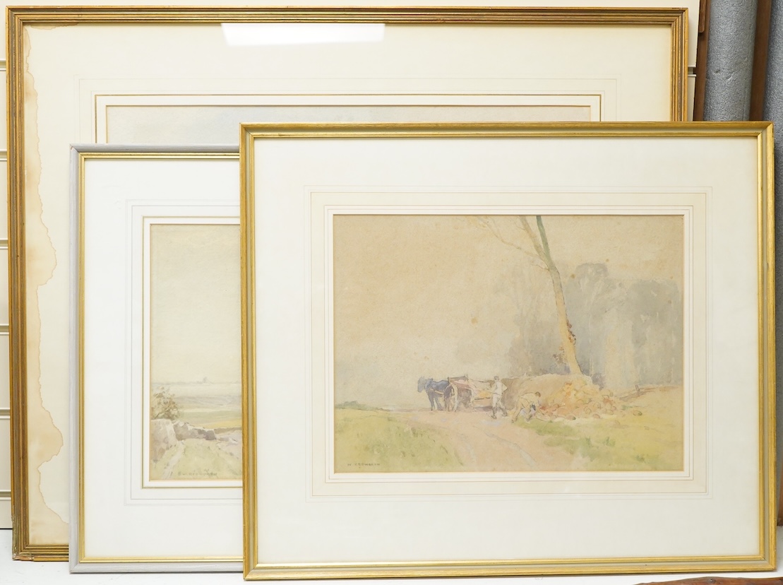 William Redworth (1873-1947), Moorland scene, signed and dated 1837, watercolour, and two other smaller works, largest 38 x 53cm